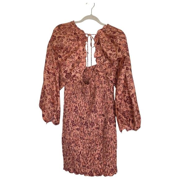 FREE PEOPLE Smock it to Me Mini Dress Apricot Ruffle Peasant Boho Size Large - Picture 4 of 10